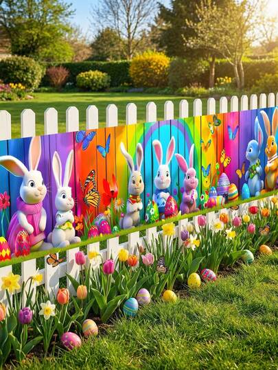 Cờ trang trí sân vườn hình trứng và thỏ nhiều màu sắc, chất liệu polyester, kích thước 78"x18", thích hợp trang trí trong nhà và ngoài trời, không cần nguồn điện.