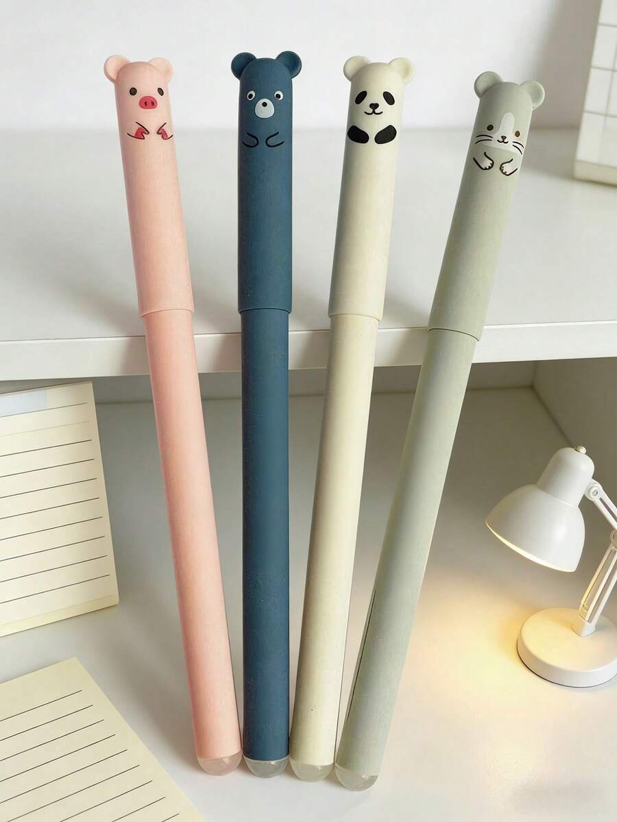 4pcs/Set Kawaii Pig, Panda, Mouse Erasable Gel Pens, 0.35mm Blue & Black Ink School Office Supplies Stationery Gifts Back To School - One Size - View 1