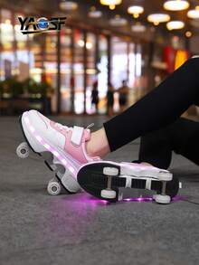 Upgraded High-End Kids Roller Skates LED Flashing Walk-And-Glide Shoes, Children & Teen Sports Shoes, Fashion Light-Up Walking Shoes, Outdoor Sports Roller Shoes, Cool Flashing Inline Skates For Boys & Girls, Lightweight Comfortable Sports Shoes, Kids Birthday Gift, Anti-Roll Reinforced Sole + Stable Support, Glowing Shoes For Safer Gliding, Breathable Comfortable Upper, Lightweight Durable, Street Style, More Visible & At Night, Peace Of Mind For Parents, Suitable For School, Outdoor & Daily Wear - Pink - View 10