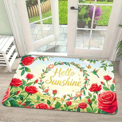 1 pieza Felpudo con diseño "Hola sol" con patrón de rosas rojas vibrantes y hojas verdes, ideal para decoración de sala de estar, dormitorio, cocina, entrada o oficina, regalo perfecto para cumpleaños, Navidad, Día de la Madre. Alfombra de piso interior, adecuada para decoración de primavera, decoración navideña, entrada decorativa, porche de cocina, decoración de sala de estar del hogar, adorable en el parche floral. Lavable a máquina y de secado rápido, ligero. Absorbente y fácil de limpiar, aplicable para entrada, baño y múltiples escenarios