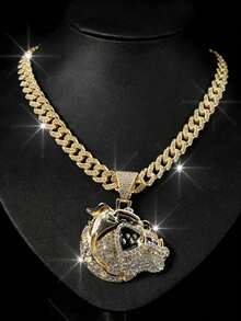 一套嘻哈欧美风镶钻斗牛犬吊坠项链，男士嘻哈钻石形项链，男士手表套装，适合派对和节日佩戴，是送给亲朋好友的绝佳礼物 - 首飾套裝 - 查看 9