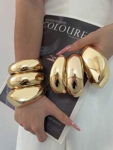 3pcs Unique Bangle Set, Gold Color Wide Cuff Bracelets, Luxury Elegant Style Bangles For Women - Yellow Gold - View 1