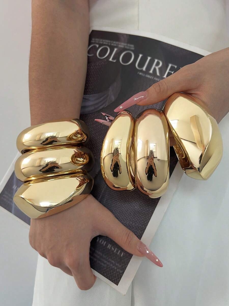 3pcs Unique Bangle Set, Gold Color Wide Cuff Bracelets, Luxury Elegant Style Bangles For Women - Yellow Gold - View 1
