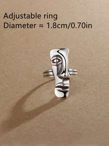 1 pieza Anillo de retrato de media cara exagerado y ajustable, joyería para fiestas - Plata antigua - Ver 5