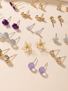 30 Pairs Silver Metal Rhinestone Heart, Leaf, Flower, Pearl, Letter Design Earring Set For Women - Multicolor - View 4