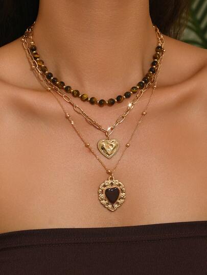 3pcs/Set Vintage Luxury Gold Chain Layered Tiger Eye Beaded Necklace With Heart Pendant, Fashionable Jewelry Accessory For Daily Wear, Parties, Music Festivals, Also Suitable As Mother's Day Gift