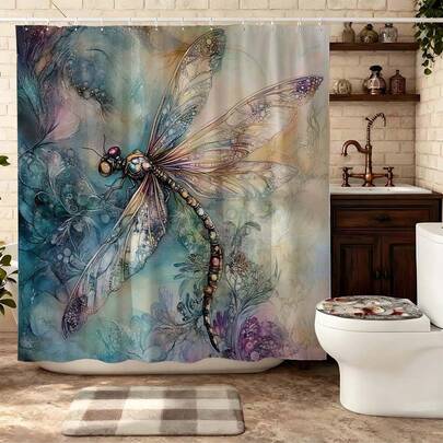 Boho Rainbow Dragonfly Shower Curtain, Watercolor Floral Bathroom Decor, Waterproof Fabric Bath Curtain For Shower, Rustic Farmhouse Bathroom Accessories, Artistic Insect Pattern Shower Curtain, Heavy Duty Shower Curtain Set With Hooks, Decorative Window Curtain For Bedroom, Nature Inspired Bathtub Curtain
