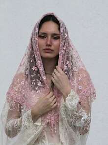 1pc Women's Fashion Floral Lace Trim Triangular Scarf/Headscarf - Snow Bud - View 2