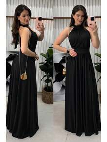 Women's Long Sleeveless Fluity Knit Dress With High Neck, Solid Color, Elegant Party Fashion - Black - View 1