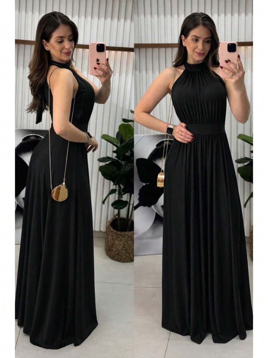 Women's Long Sleeveless Fluity Knit Dress With High Neck, Solid Color, Elegant Party Fashion - Black - View 1