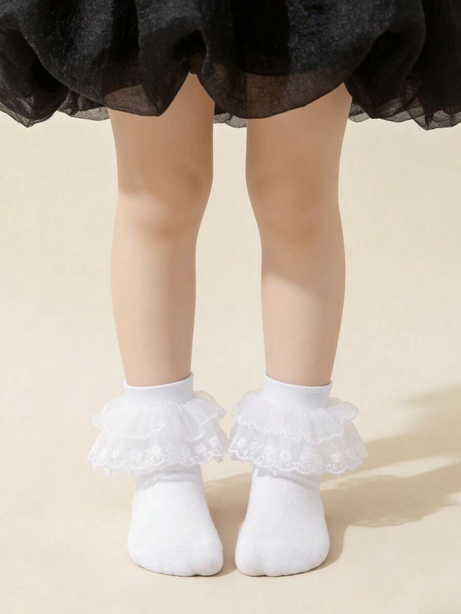 1双儿童/青少年白色薄款公主蕾丝荷叶边舞蹈袜 - 白色 - 查看 1
