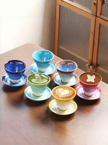 高端商用中式杯碟套装，创意裂纹釉面质感咖啡厅、餐厅茶杯、甜点杯、马克杯、茶杯、水杯，杯碟套装 - 彩色 - 查看 2