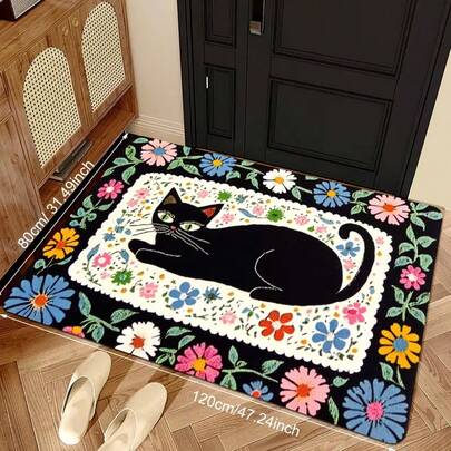 1pc Black Cat & Colorful Floral Funny Creative Doormat - Entrance Rug - Suitable For Kitchen, Bathroom, Porch, Living Room, Bar, Cafe, Fashion Home Decor Doormat, Small Rug, Welcome Mat, Carpet, Floor Mat, Outdoor Doormat, Kitchen Rug, Home Decor, Front Door Mat, Area Small Rug, Outdoor Mat, Home Decor, Area Rug, Garden Rug, Washable Carpet