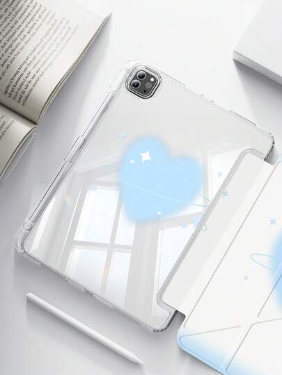 A Beautiful And Cute Cartoon Anime-Style Edged, Faded Blue Heart Pattern Double-Sided Acrylic Crystal Clear Back Cover, Shock-Proof, Suitable For IPad 7th, 8th, And 10th Generation (10.2 Inch), With Built-In Pen Slot, Supports Sleep/Wake Function, An Ideal Gift Choice.
