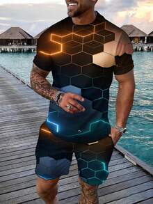Conjunto de 2 piezas para hombre, modelo 10100260212, casual, conjunto fresco, camiseta deportiva divertida con cuello redondo y mangas cortas, junto con pantalones cortos, esencial para vacaciones, impresión digital 3D, adecuado para viajes y uso diario, regalo perfecto de vacaciones para hombres. - Colores mixtos - Ver 3
