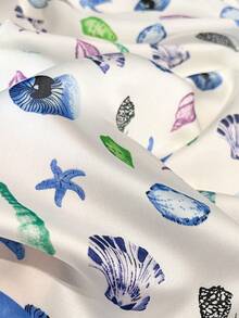 1 buc. Eșarfă pătrată elegantă cu imprimeu de scoici și stele de mare, 70 cm, potrivită pentru casual, streetwear, protecție solară în aer liber, bandă de susținere, accesoriu versatil pentru a vă decora ținuta, plajă, vacanță - Albastru si alb - Vizualizare 3