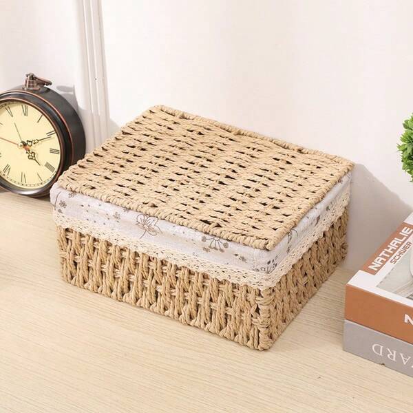 带盖编织收纳篮 | 多功能收纳盒，可收纳化妆品、钥匙、零食和小物件 | 宿舍必备，也可用作优雅的婚礼礼品装饰盒 | 时尚节省空间的桌面收纳盒，适用于客厅、走廊、办公室和卧室