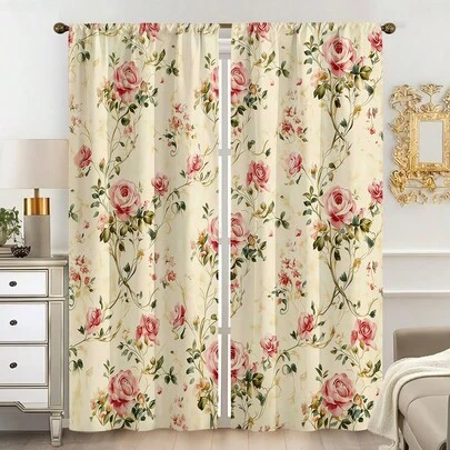 2pcs Vintage Pink Rose Floral Print Curtains, Watercolor Cascading Rose Vines And Emerald Leaves On Cream Background, Romantic Botanical Design, 100% Polyester Rod Pocket 2 Pieces Curtain Set, Unlined, Ideal For Bedroom, Living Room And Dining Room Decor