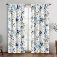 2pcs Refreshing Watercolor Floral Curtains, White Background With Blue Flower Patterns, Rod Pocket Design, Provides Privacy And Easy Installation, Ideal For Home Windows - Multicolor - View 13