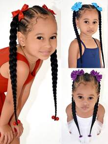 Kids Braids Wig With Bow Braid Ponytail Fake Hair Accessory New Chinese Style Ponytail Wig Hairpiece 2PCS - Black - View 4