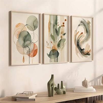 Beige & Sage Abstract Watercolor Wall Art Poster, Botanical And Geometric Painting ,Wall Prints For Living Room Decor, Modern Minimalist Posters, Nature Inspired Home Decoration, Canvas Art For Bedroom, Office, Dorm, Room Decor Optional Frame