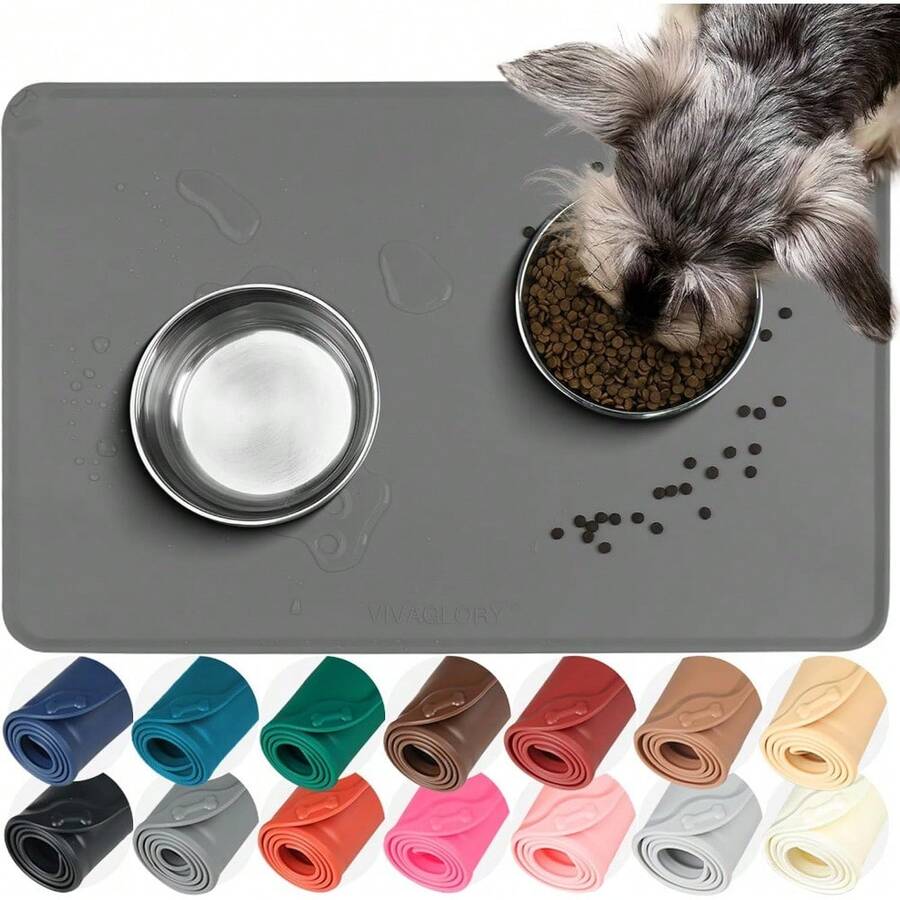 Silicone Dog Food Mat Small Grey With Raised Edges Lip Non Slip Waterproof Tray For Cat Pet Indoor Floor Bowls - 查看 1