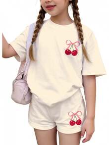 Girls 2 Piece Summer Outfit Cherry Bow Graphic Tee & Shorts Set Cute Casual Outfits - Màu be - Xem 1