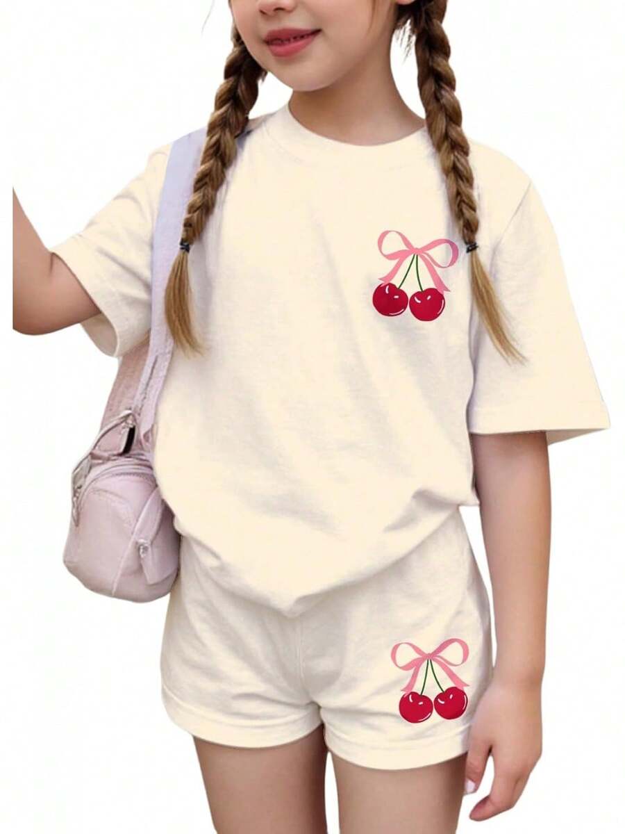 Girls 2 Piece Summer Outfit Cherry Bow Graphic Tee & Shorts Set Cute Casual Outfits - Màu be - Xem 1