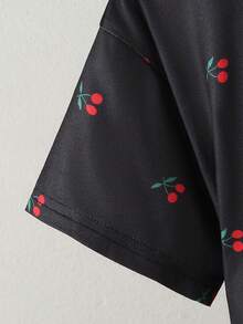 1pc Girls' Loose Casual Outdoor T-Shirt, Korean Style Sweet & Spicy, Cherry Decor, Ruched Waist, Round Neck, Summer - Black - View 5