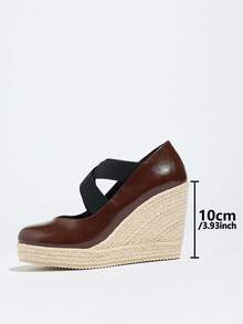 Women's Platform Wedge Shoes, Retro Brown Round Toe Jute Wedge High Heels, Elastic Strap Slip-On Pumps - Brown - View 4