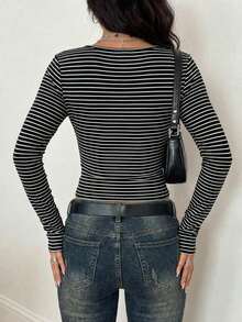 Women's Casual Stretchy Slim Fit Striped Patchwork Square Neck Long Sleeve T-Shirt, Suitable For Spring/Summer Daily Wear, Daily Apparel, Long Sleeve Top, Casual Daily, Holiday Vacation - Black and White - View 5