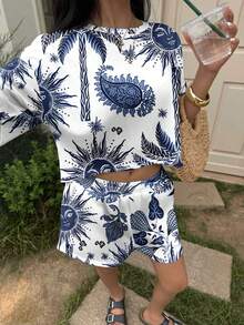 Bộ đồ nữ 2 món họa tiết lá cây toàn thân, phong cách boho thường ngày, có túi, thích hợp đi biển, nghỉ mát hoặc mặc hàng ngày. - Xanh và trắng - Xem 3