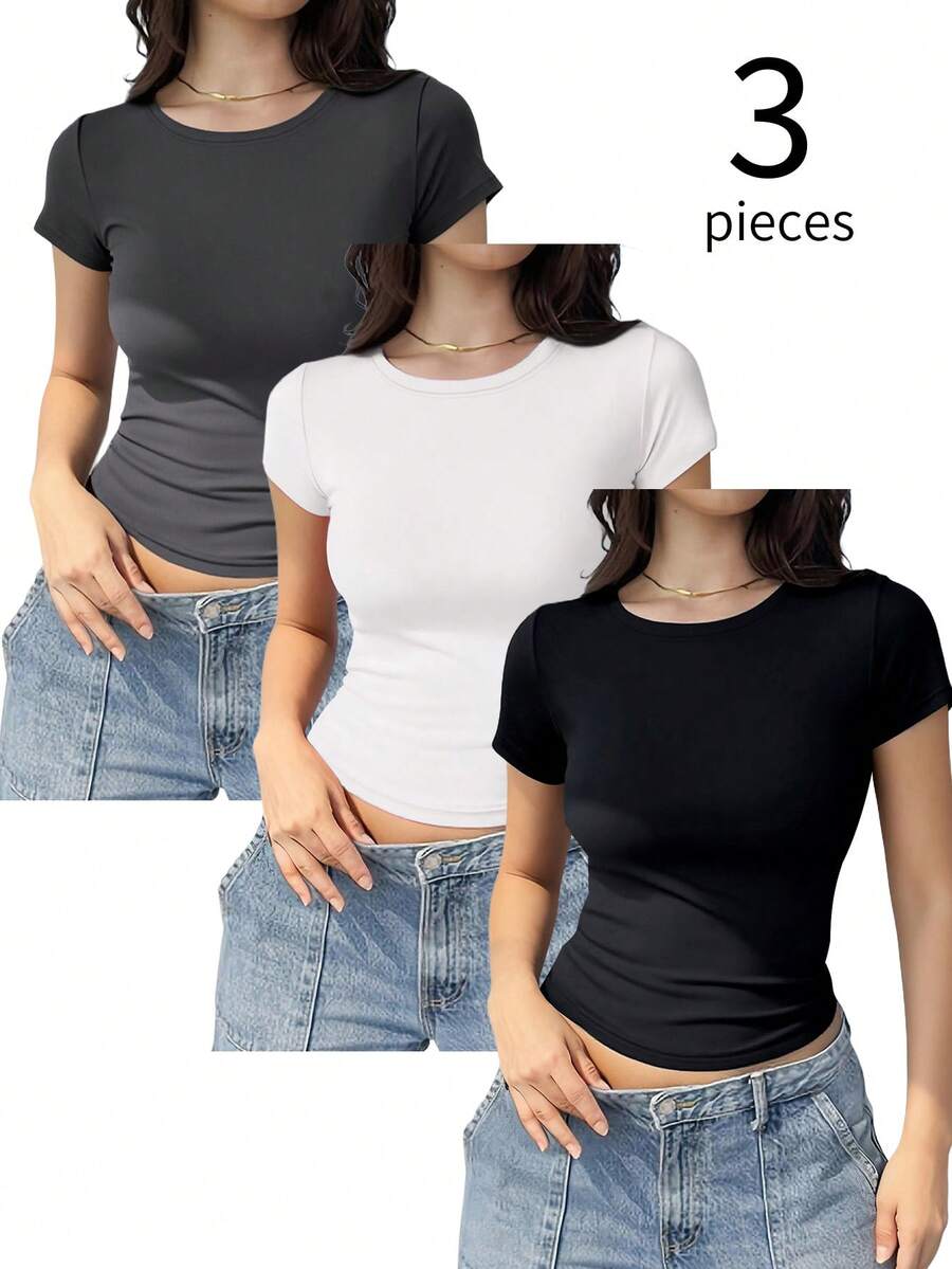 3件装女士圆领短袖T恤，夏季时尚纯色休闲修身露脐上衣 - 彩色 - 查看 1