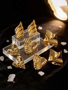 4对/1对不对称金属几何螺旋波浪钛钢耳环，百搭不锈钢耳环，可爱女士耳环套装 - 金色 - 查看 12