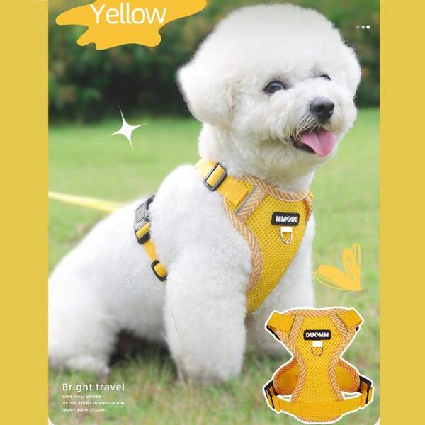 Un conjunto de arnés de pecho y correa para perro lindo, un arnés de pecho para perro pequeño con función anti-escape y transpirable, arnés de pecho ajustable para mascotas, adecuado para caminar, trotar, chaleco para mascotas para exteriores, color amarillo