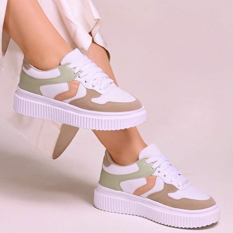Tênis Feminino Sneakers Chunky Plataforma Sola alta Street Dia  a Dia Casual Confortável Academia Branco/mint/bege