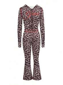 LovelyWholesale Women's Cute Hooded Long Sleeve Letter & Leopard Print Zip-Up Jacket And Flare Pants Set, Spring Break Outfit, Summer Vacation Wear - Brown - 查看 2