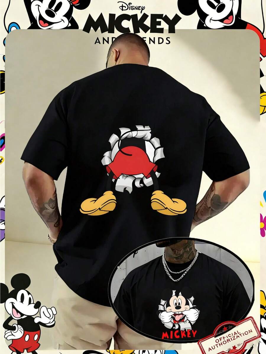 Disney Officially Licensed Mickey Mouse "Tear Away" Double-Sided Graphic 220g 100% Cotton T-Shirt, Unisex Regular Fit Casual Streetwear - 黑色 - 查看 1