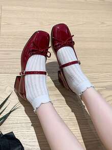 Women's High Heel Mary Jane Shoes, Bowknot Buckle, Office/School, Burgundy Patent Leather Square Toe Chunky Heel, Bowknot Strap, Retro European And American Style, Suitable For Date And Commute - Burgundy - View 6