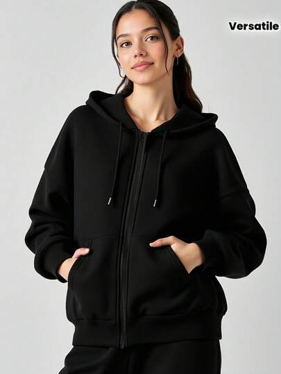 Mujer 005 Sudadera informal negra con cremallera para mujer, manga larga, corte regular, poliéster.