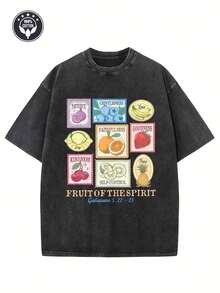 EWH Men's Heavyweight 230gsm Christian T-Shirt - Fruits Of The Holy Spirit (Love, Joy, Peace, Patience, Kindness, Faithfulness, Gentleness, Self-Control) With Verses - Loose Fit Drop Shoulder Church & Casual Wear, Gray 004-A - 黑色 - 查看 1