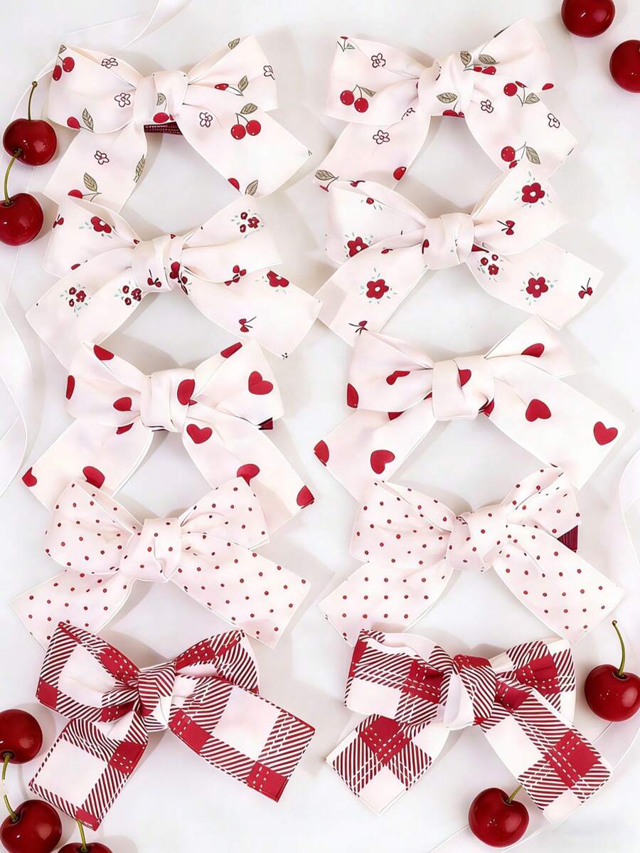 Set de 10 piezas Pasadores de pelo con flores de cerezo para niñas, pasadores de pelo con lunares blancos de poliéster, pasadores de pelo con flores en forma de corazón adecuados para uso diario en primavera, lindos pasadores de pelo a cuadros adecuados para adolescentes, accesorios para el cabello de niñas, regalos para fiestas, decoraciones para fiestas - Multicolor - Ver 1