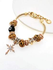 1pc Gold Leopard Print Beaded Adjustable Cross Pendant Bracelet - Bracelet - View 1
