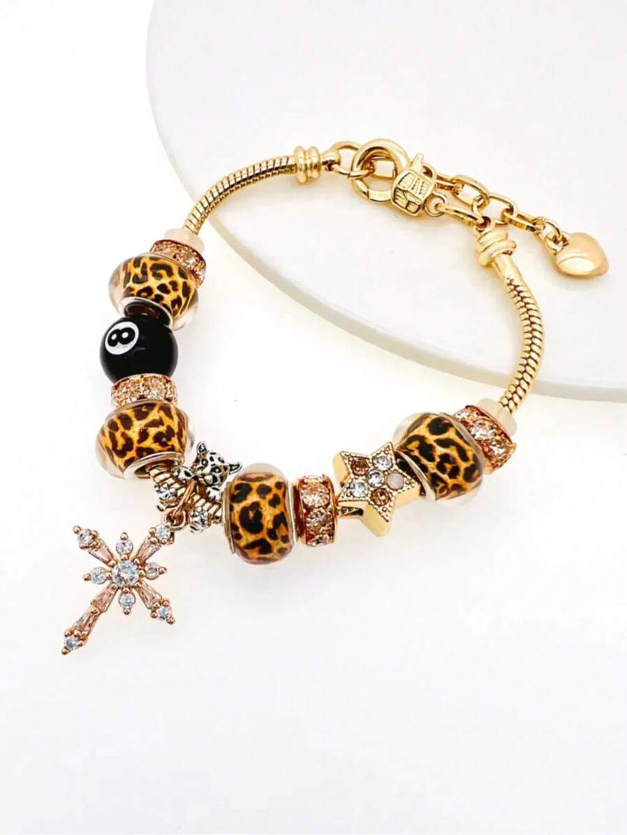 1pc Gold Leopard Print Beaded Adjustable Cross Pendant Bracelet - Bracelet - View 1