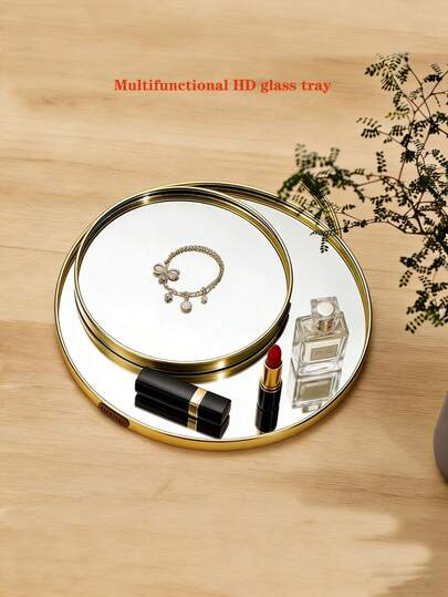 1 Exquisite Round Gold Glass Storage Tray (S, M, L, Three Sizes Available), High-Definition Glass Mirror, Nordic Light Luxury Style, Aluminum Alloy And Glass Material - Multi-Functional Storage Rack, Large Capacity Exquisite Display Tray, Jewelry Tray, Makeup Case, Aromatherapy, Candle Holder, Jewelry, Makeup Brush, Key