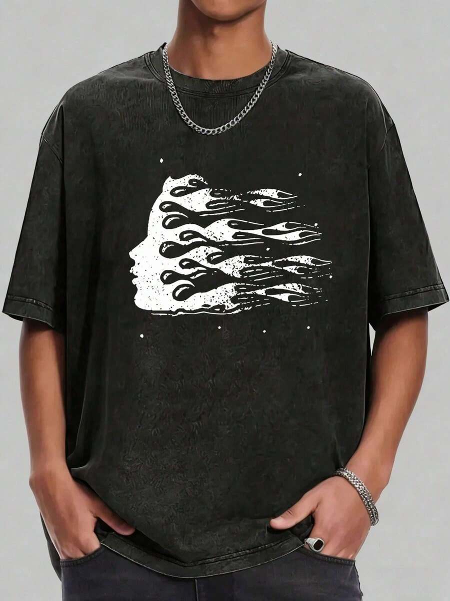 Hellstars Abstract Flame Profile Retro Washed Print Round Neck Short Sleeve T-Shirt, 230g 100% Cotton T-Shirt, Summer Clothes, Men's Tops, Casual And Comfortable, Fashionable Graphic Tee, Unisex Style - 黑色 - 查看 1