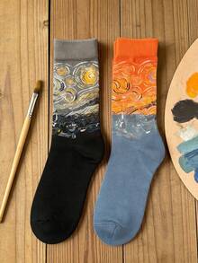 2双男士彩绘图案休闲中筒袜，春夏百搭 - 彩色 - 查看 4