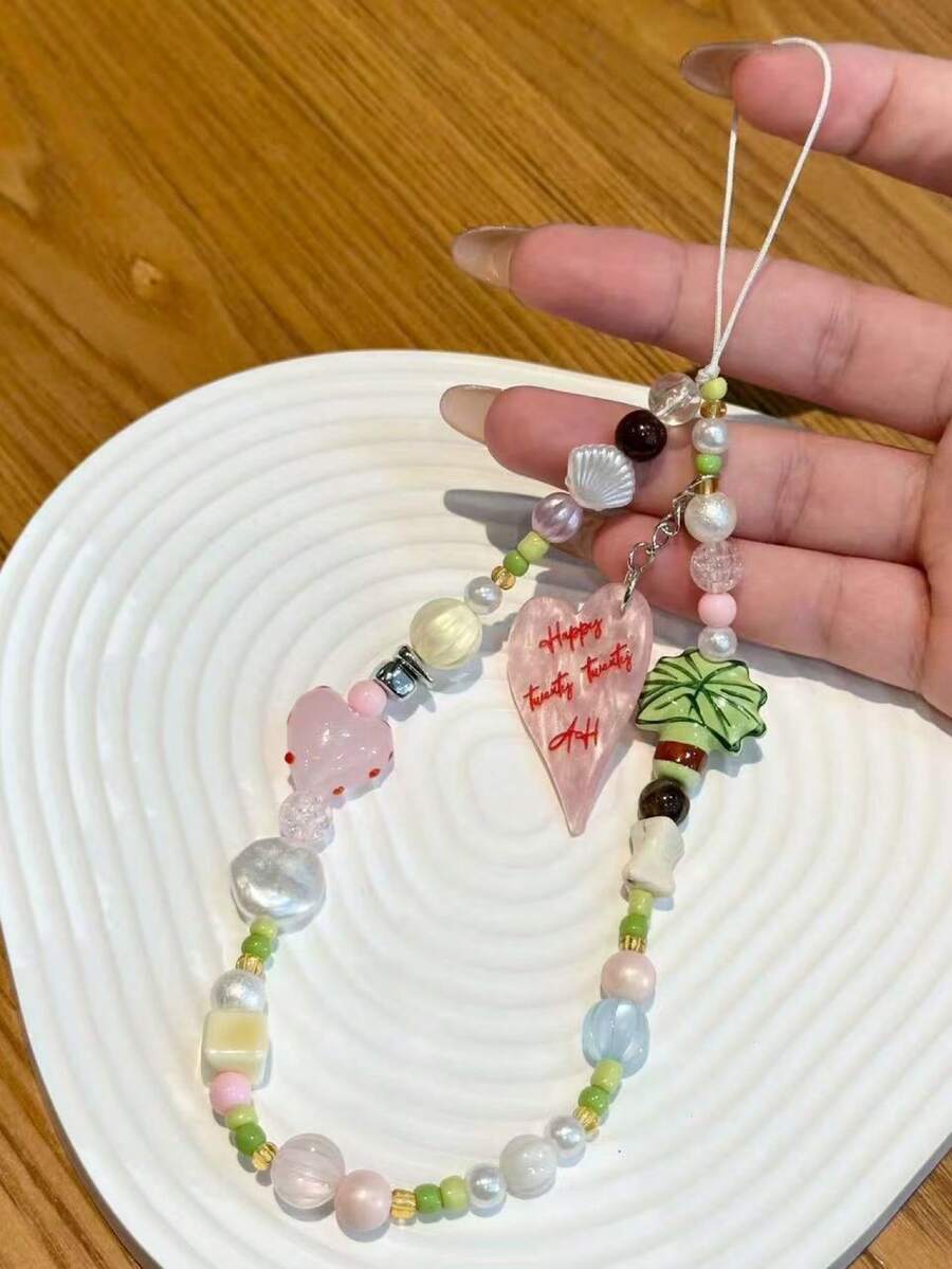 INS极简棕榈树手机壳挂绳，CCD相机背带，卡包，吊坠，创意粉色爱心挂饰 - 綠色 - 查看 1