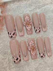 1Package/10Pcs Long Coffin Nails, Handmade 3D Floral Coffin Nails - Nude Apricot Base, Leopard Print Design, Long Custom Press On Nails Set - Camel - View 2