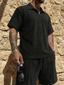 Men's Casual Commuting Homewear Solid Color Versatile Sports Breathable Diamond Pattern Set - Black - View 1